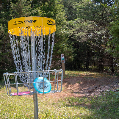 Hillandale Park Disc Golf Course with a yellow basket and a blue disc inside of it netx to the woods.