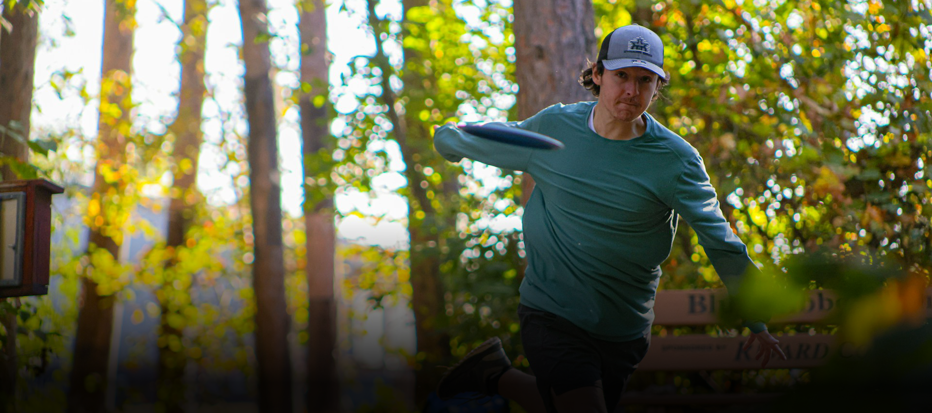Man playing disc golf surrounded by pretty yellow trees.